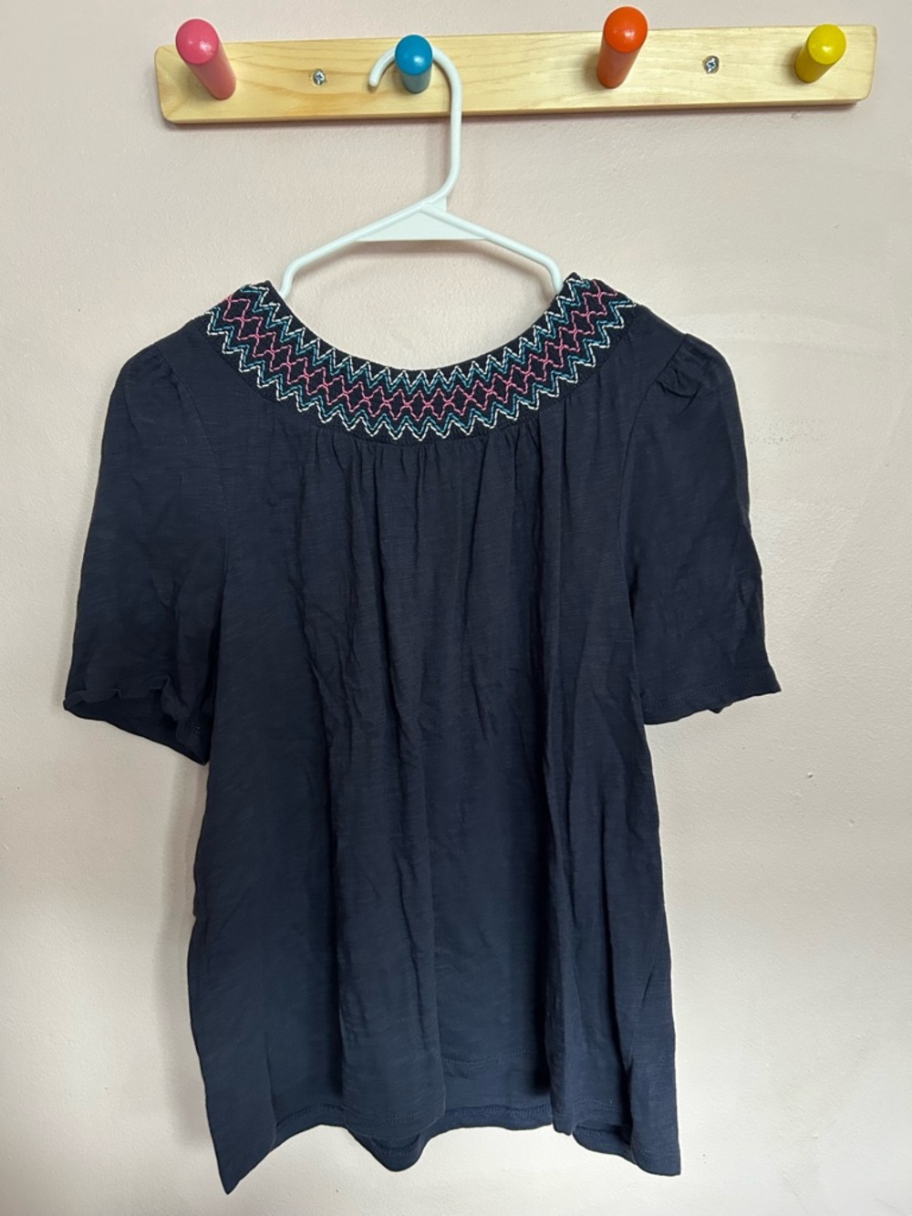 Boden Navy Short Sleeve Top with Multicolor Smocked Neck